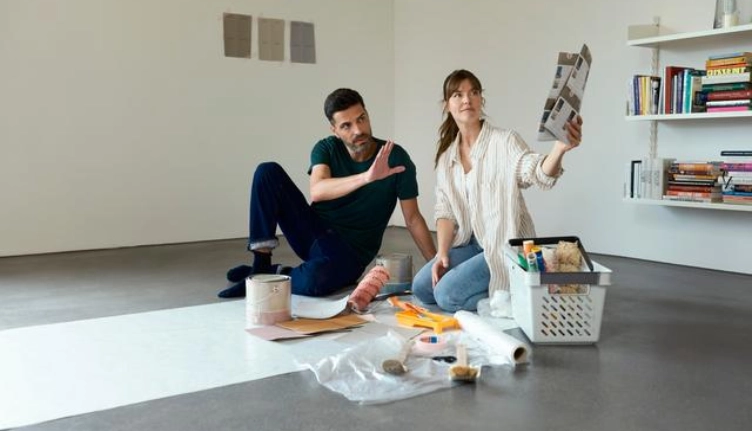 Junges Paar mit Farbmustern in leerem Raum - ein Traum dank einem Privatkredit, nimmt Form an